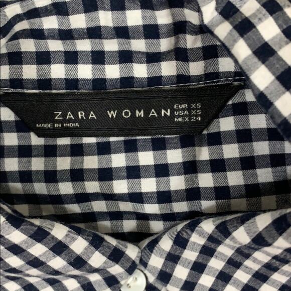 Zara Gingham Plaid Embroidered Black/White Button-Down Top - Picture 3 of 6